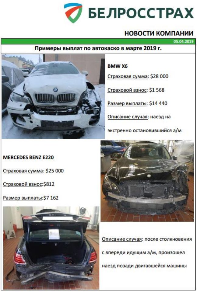 Примеры выплат по страхованию автомобиля.