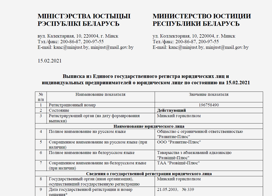 Сведения о компаниях Беларуси. Примеры.