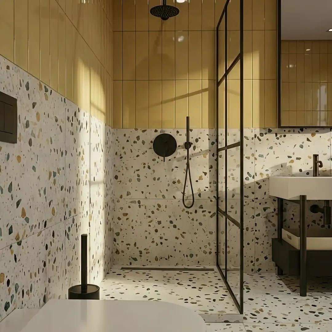 Неподвижная душевая перегородка на штанге из закаленного прозрачного стекла в стиле лофт