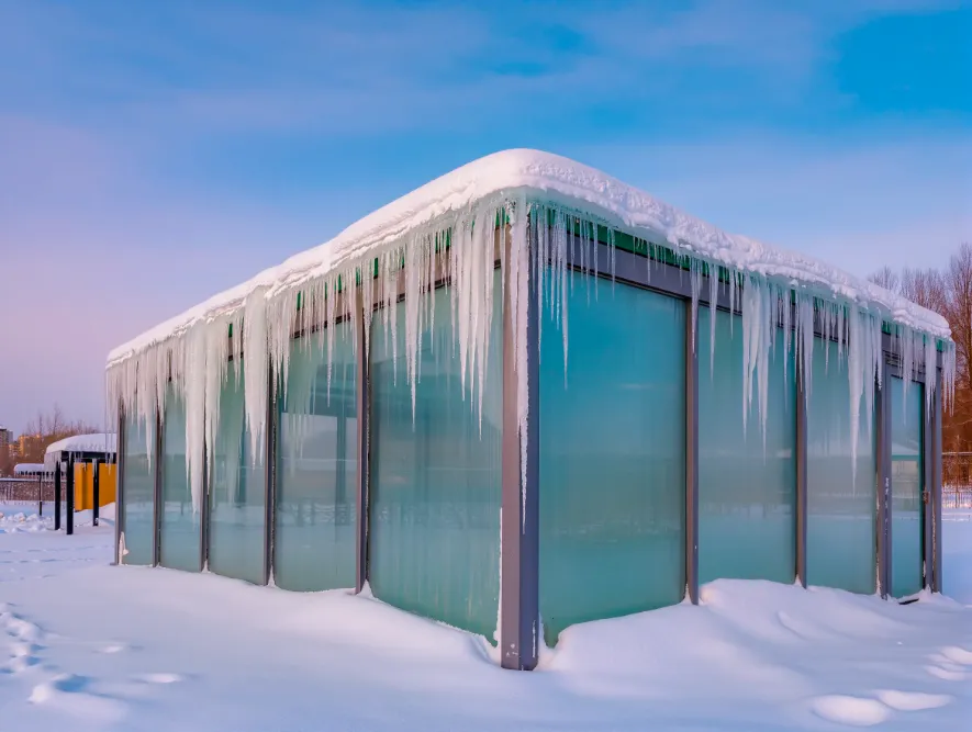 Стеклянный козырёк с сосульками, угроза для прохожих