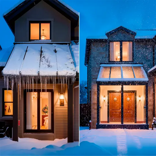 Обычный и обогреваемый стеклянные козырьки зимой — сравнение внешнего вида