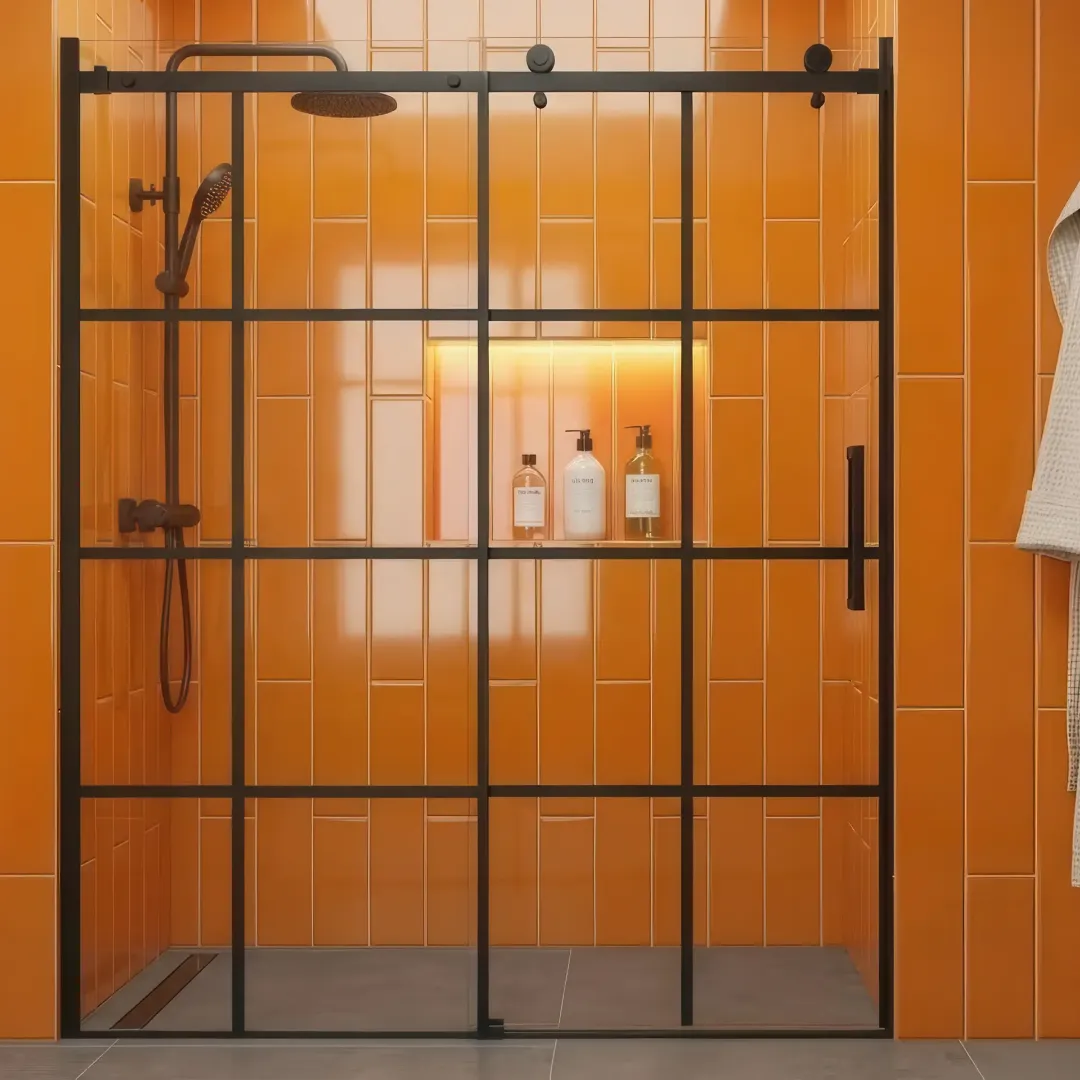 Неподвижная душевая перегородка в стиле лофт из закаленного прозрачного стекла 8 мм с  керамической печатью