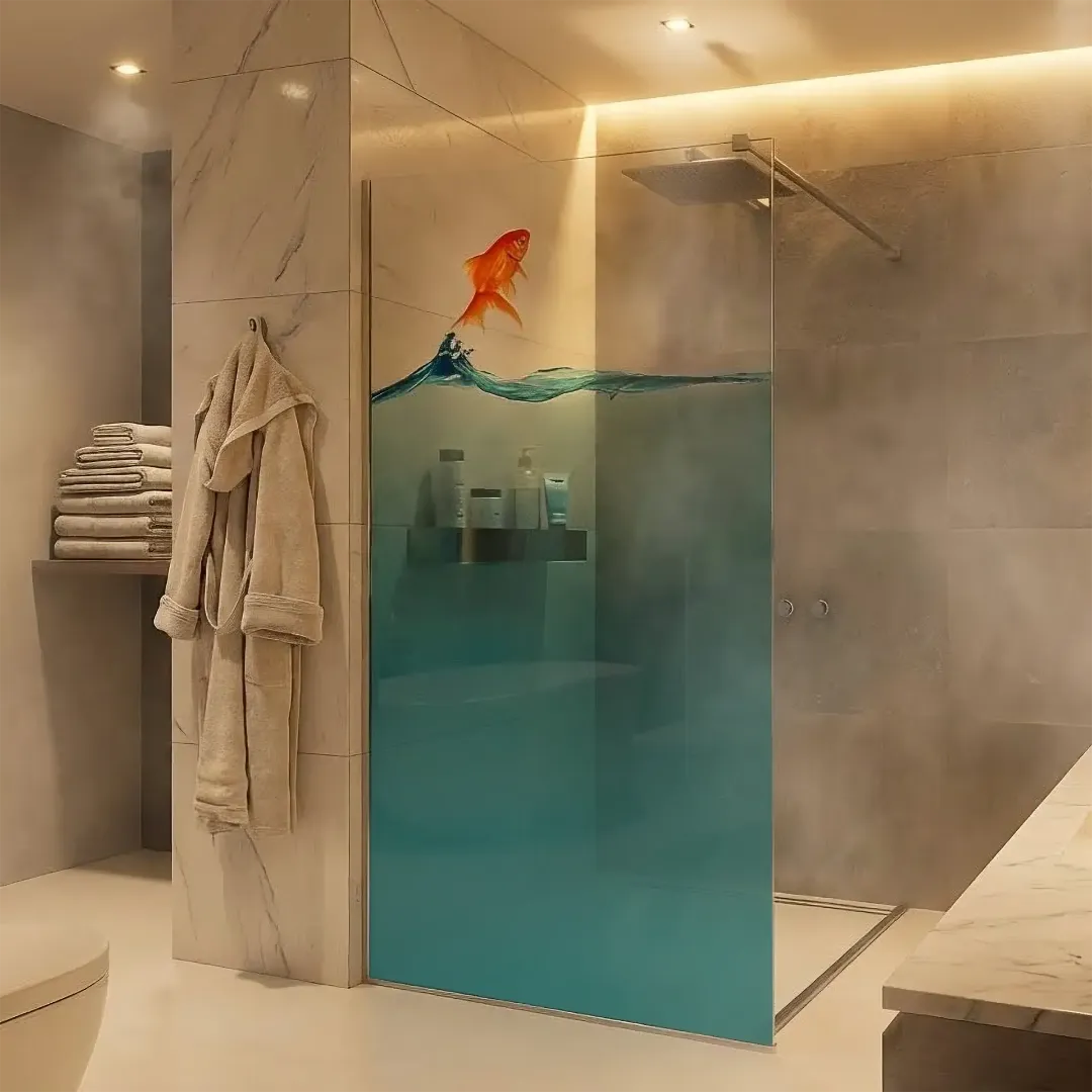 Неподвижная душевая перегородка на штанге из закаленного прозрачного стекла с полноцветной керамической печатью