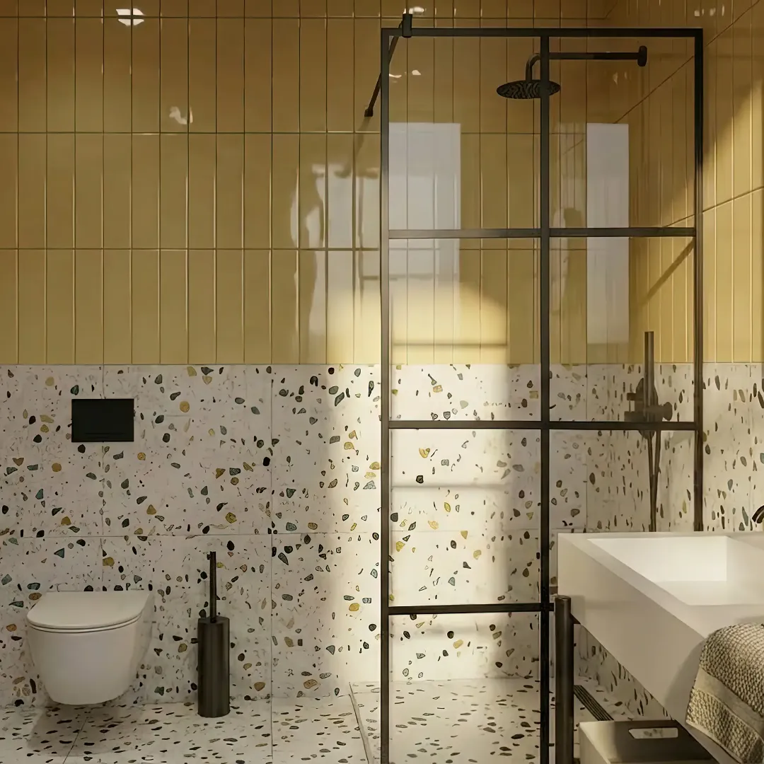 Неподвижная душевая перегородка на штанге из закаленного прозрачного стекла в стиле лофт