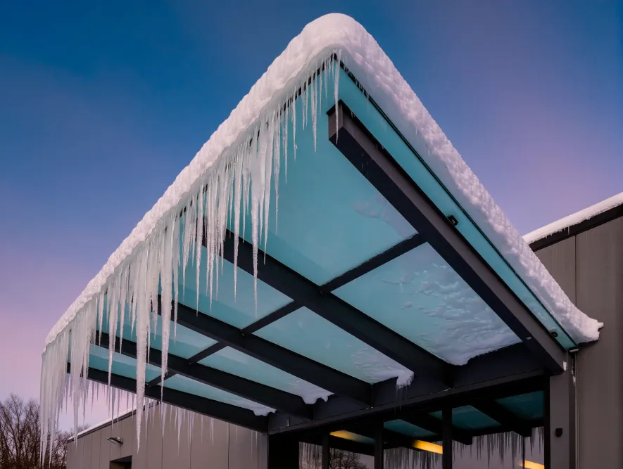 Опасные сосульки на стеклянном козырьке зимой