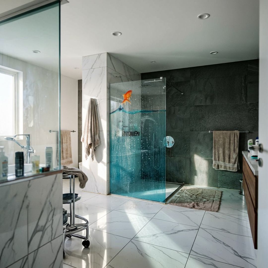 Неподвижная душевая перегородка на штанге из закаленного прозрачного стекла с полноцветной керамической печатью