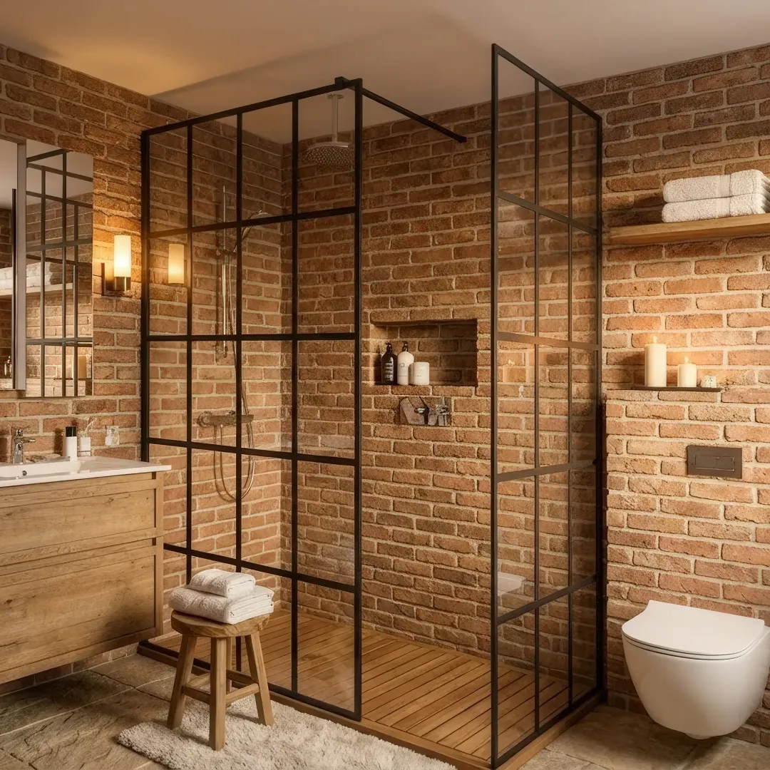 Неподвижная бездверная душевая перегородка в стиле лофт на штанге из закаленного прозрачного стекла с керамической печатью