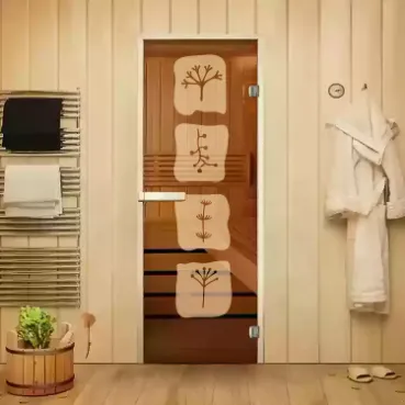 Стеклянные двери для сауны и бани в Минске от производителя с рисунком