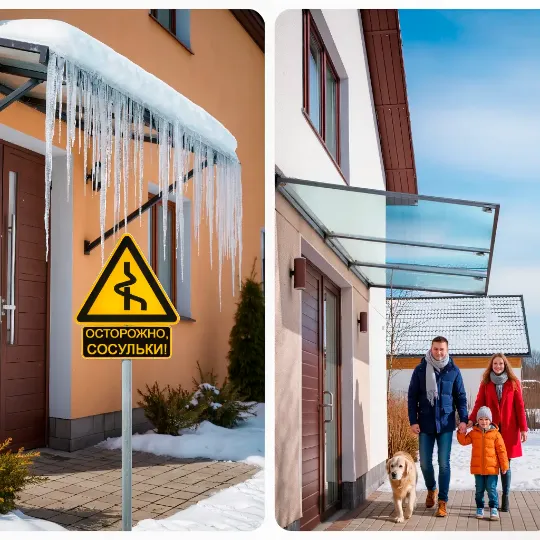 Сравнение обычного стеклянного козырька с сосульками и современного козырька с подогревом, под которым безопасно проходит семья