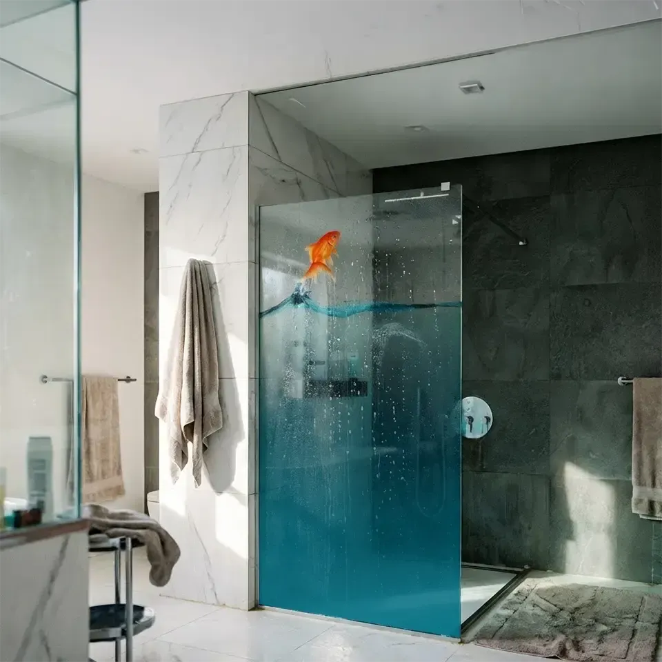 Неподвижная душевая перегородка на штанге из закаленного прозрачного стекла с полноцветной керамической печатью