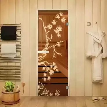 Стеклянные двери для сауны и бани в Минске от производителя с рисунком