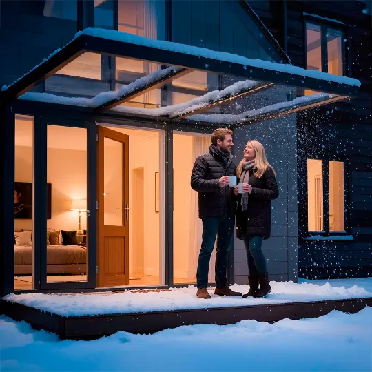 стеклянный козырек с электрообогревом - Пара с горячим какао под прозрачным стеклянным козырьком с подогревом в снегопад, тёплый свет из дома