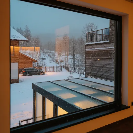 Вид из дома на стеклянный козырёк с подогревом в снегопад — он абсолютно чистый, хотя всё вокруг завалено снегом