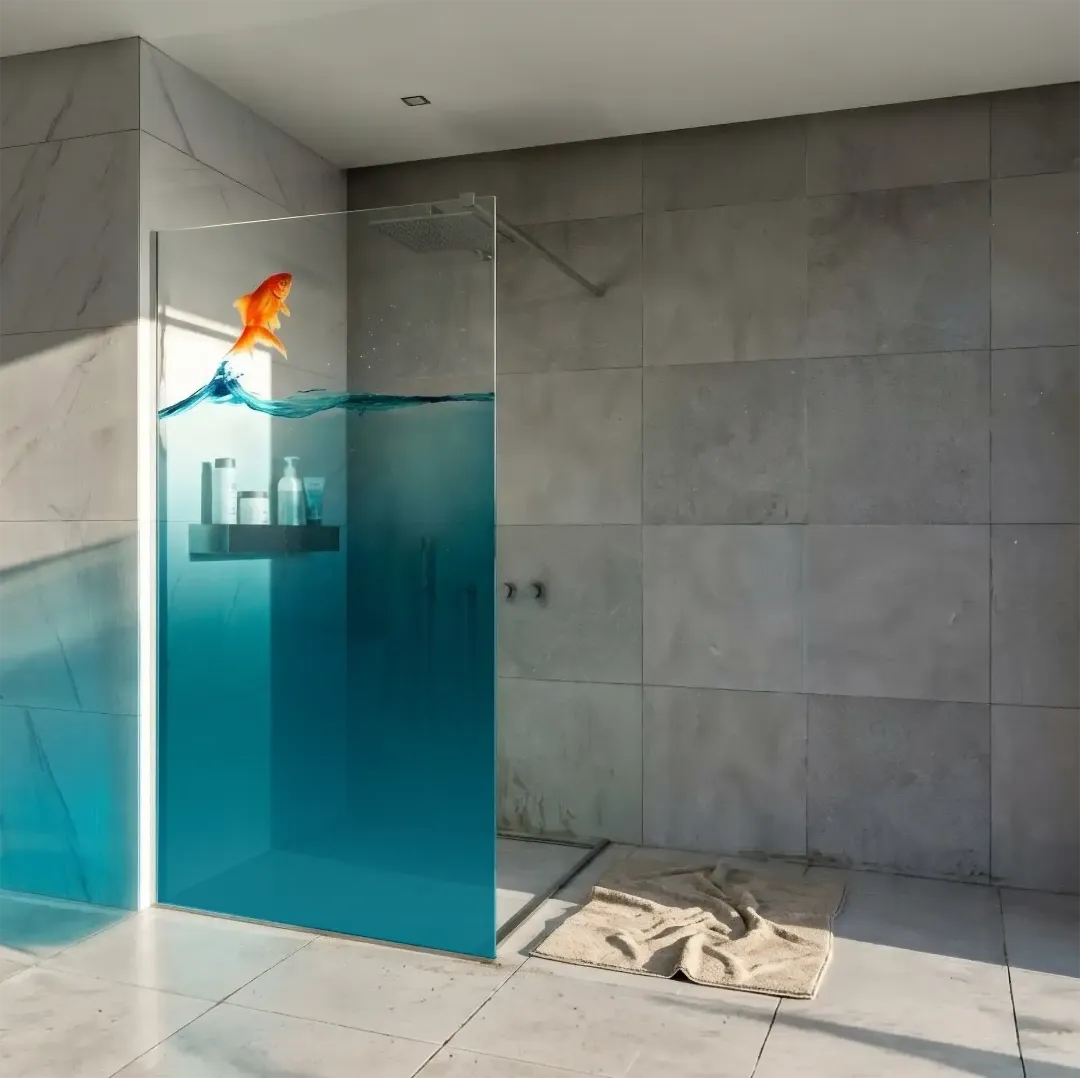Неподвижная душевая перегородка на штанге из закаленного прозрачного стекла с полноцветной керамической печатью