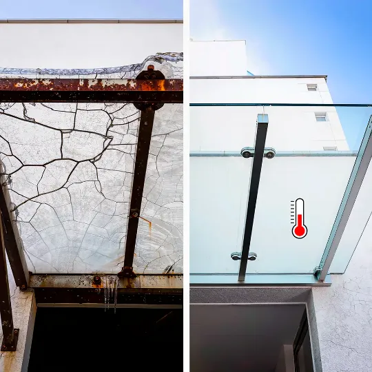 Слева — старый стеклянный козырёк с трещинами, ржавчиной и наледью. Справа — современный козырёк с подогревом, гладкий и чистый, со значком термометра, показывающим защиту от разрушения