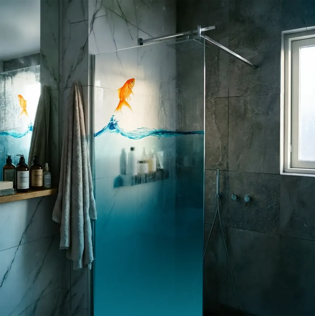 Неподвижная душевая перегородка на штанге из закаленного прозрачного стекла с полноцветной керамической печатью