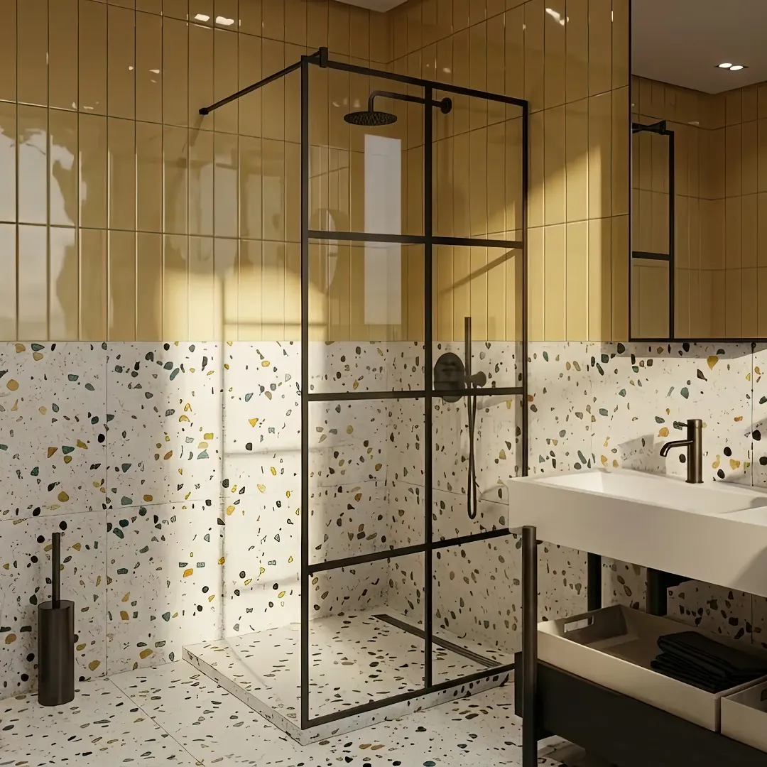 Неподвижная душевая перегородка на штанге из закаленного прозрачного стекла в стиле лофт