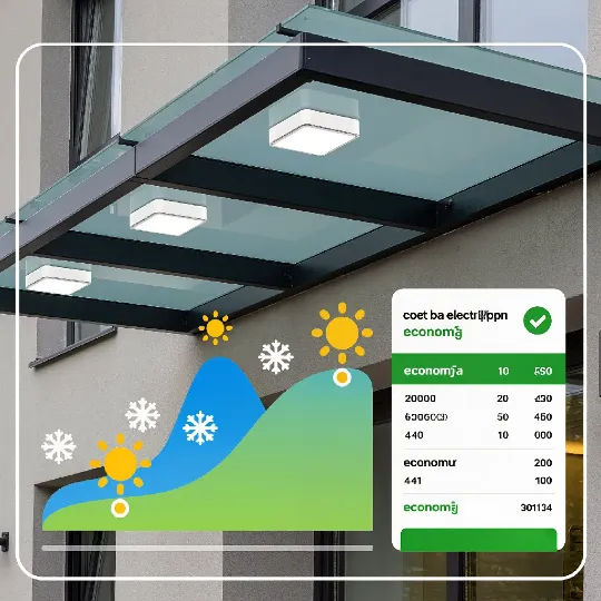 Инфографика энергоэффективности стеклянного козырька с подогревом: датчик осадков, график потребления и счёт за электричество с низкой суммой