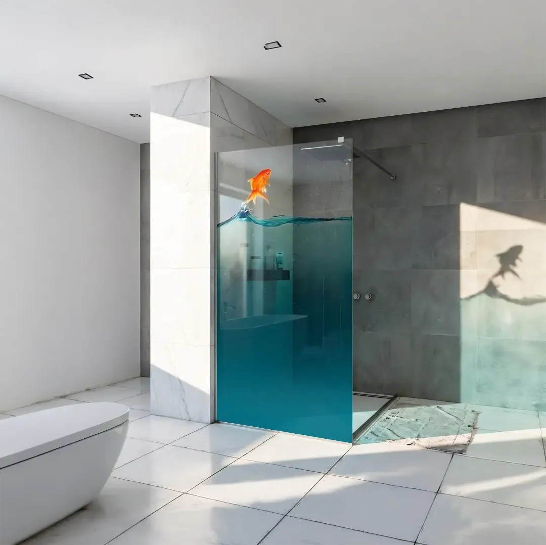 Неподвижная душевая перегородка на штанге из закаленного прозрачного стекла с полноцветной керамической печатью