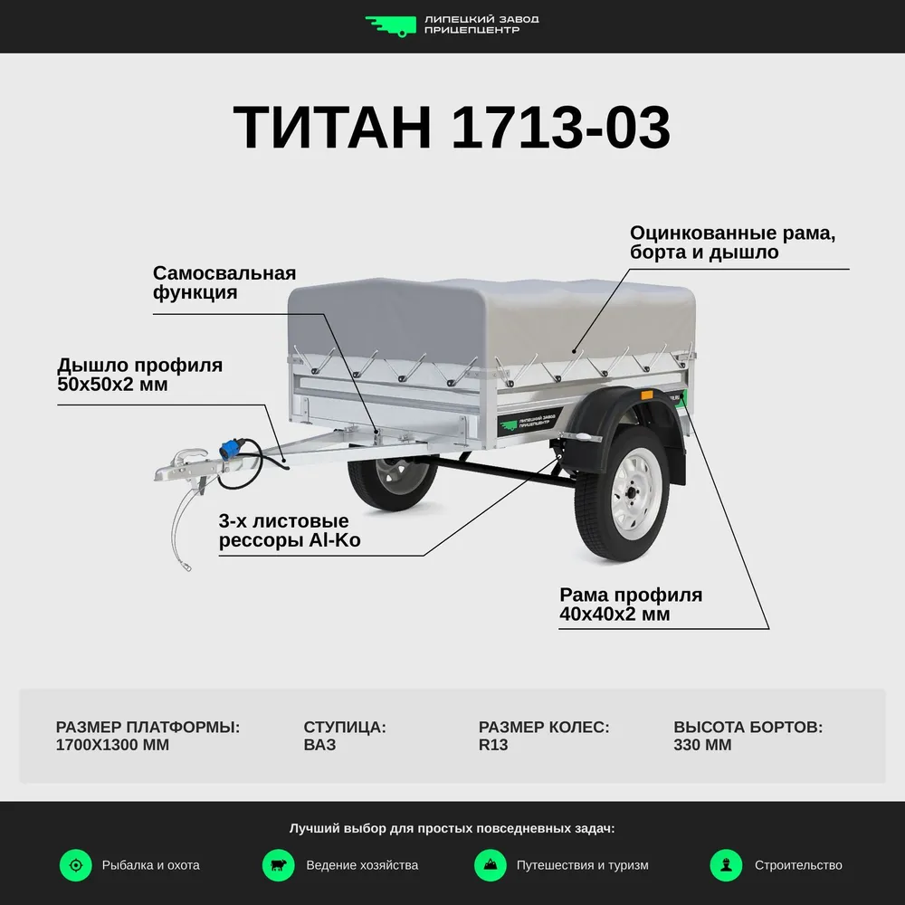 Автомобильный прицеп Титан 1713-03 (1.7х1.3м, борт 30 см)