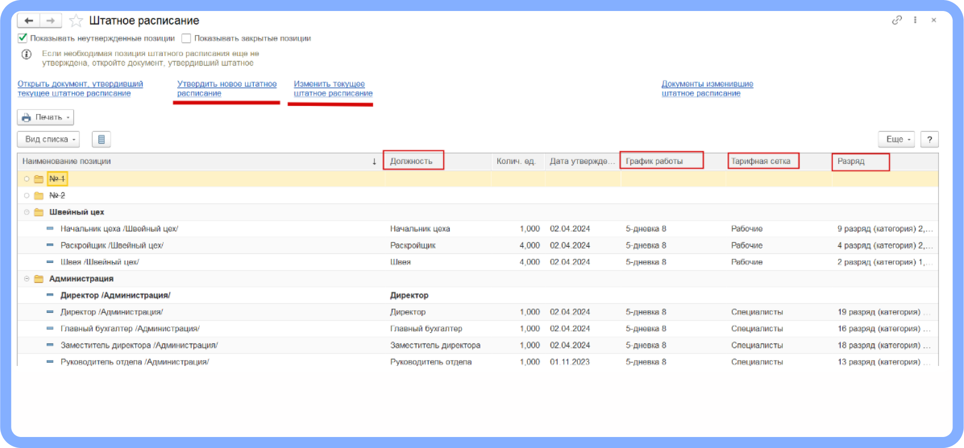 Штатное расписание 1С