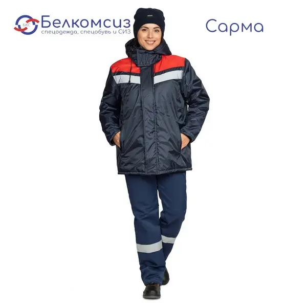 Куртка женская утеплённая "Сарма" тёмно-синяя/красная с капюшоном, фото 1