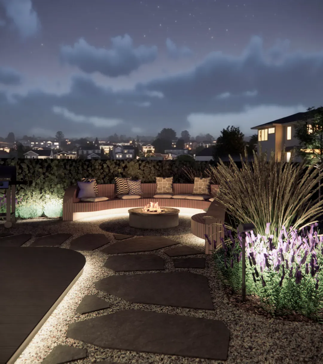Уютный задний двор в Сан-Франциско с очагом, ночной подсветкой и зоной отдыха