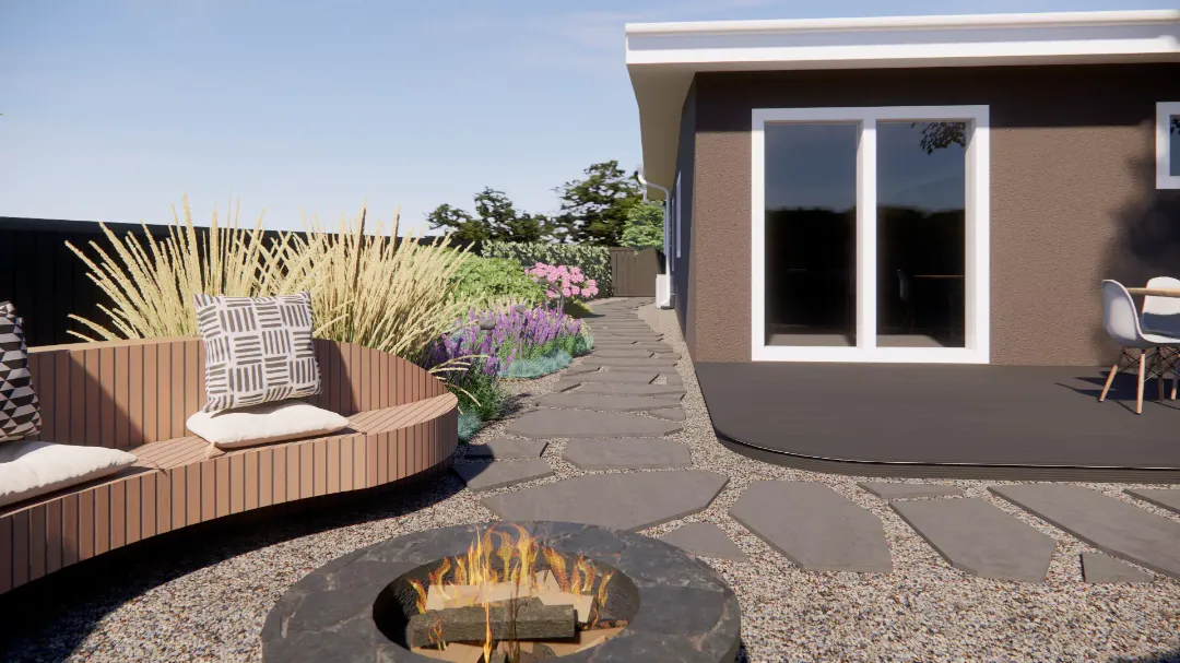 Минималистичный задний двор с очагом и зоной отдыха среди лаванды