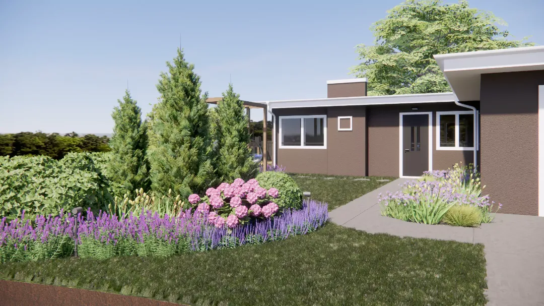 Фронтальный двор с лавандой, гортензией и многолетниками в современном стиле