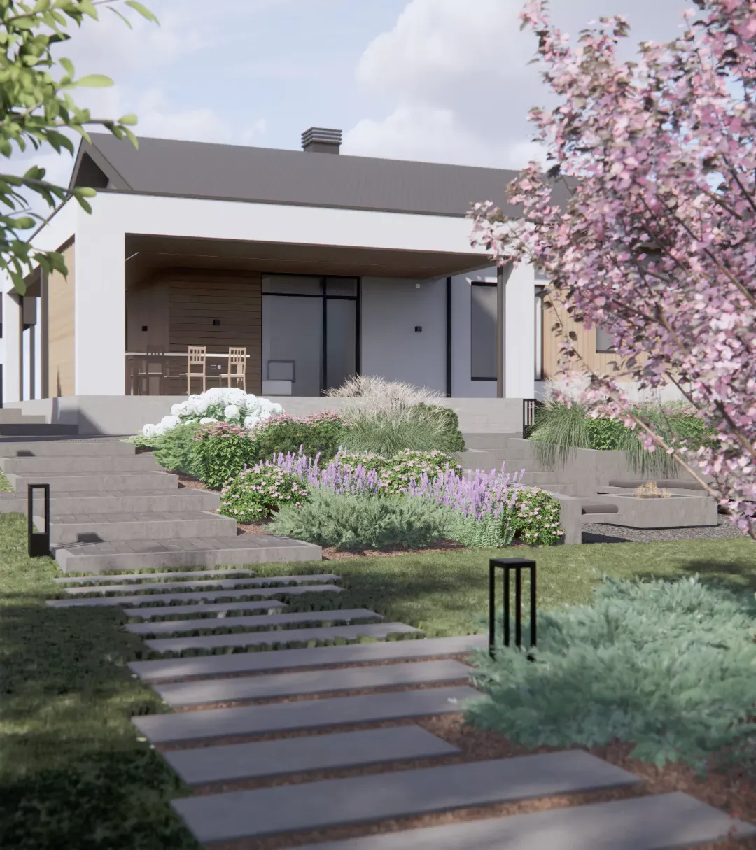 Терраса современного дома с цветущими гортензиями и декоративными растениями