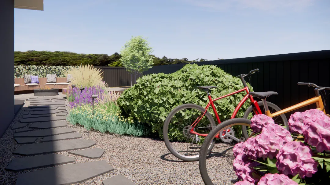 Велопаркинг в современном саду с хранилищем для велосипедов и декоративными растениями