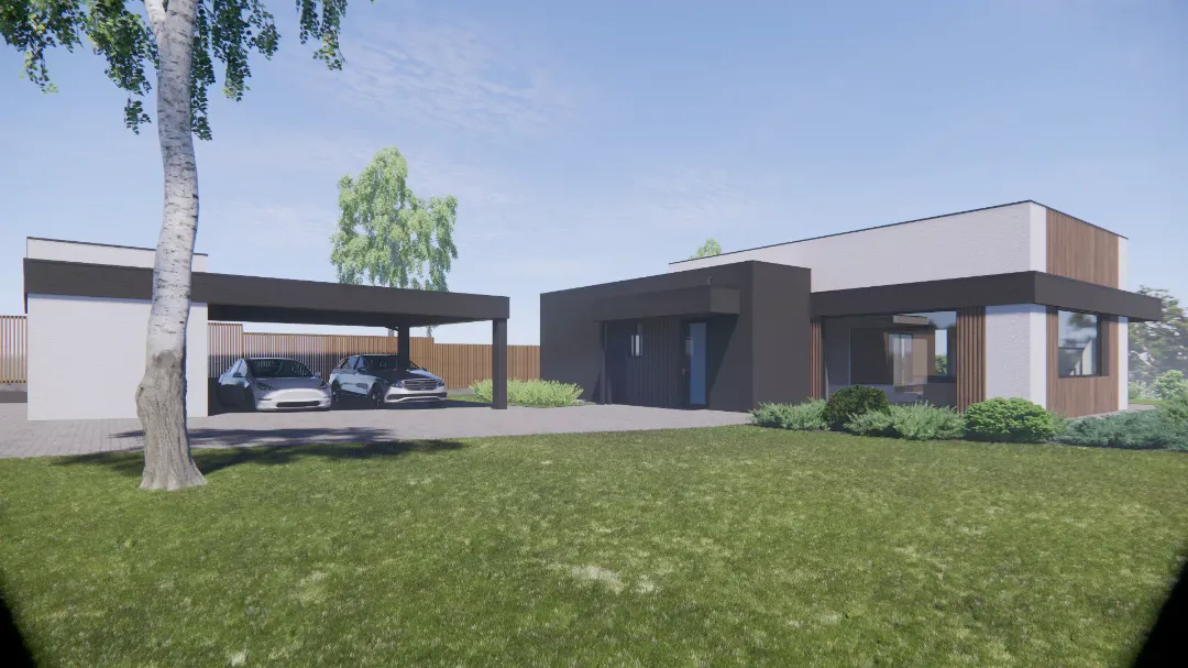 Входная часть дома Семково - главный фасад с панорамными окнами