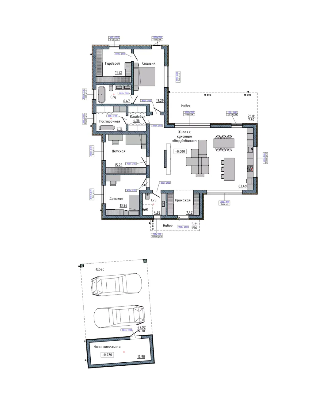 Индивидуальный проект дома Семково - план первого этажа с размерами
