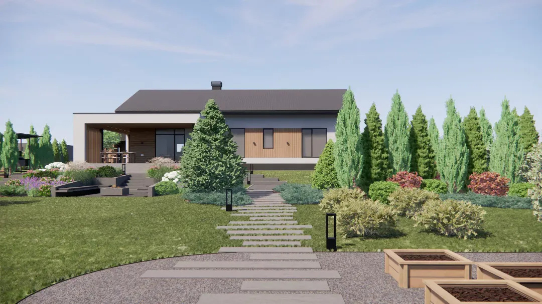 Вид с пешеходной дорожки на современный дом с крытой террасой