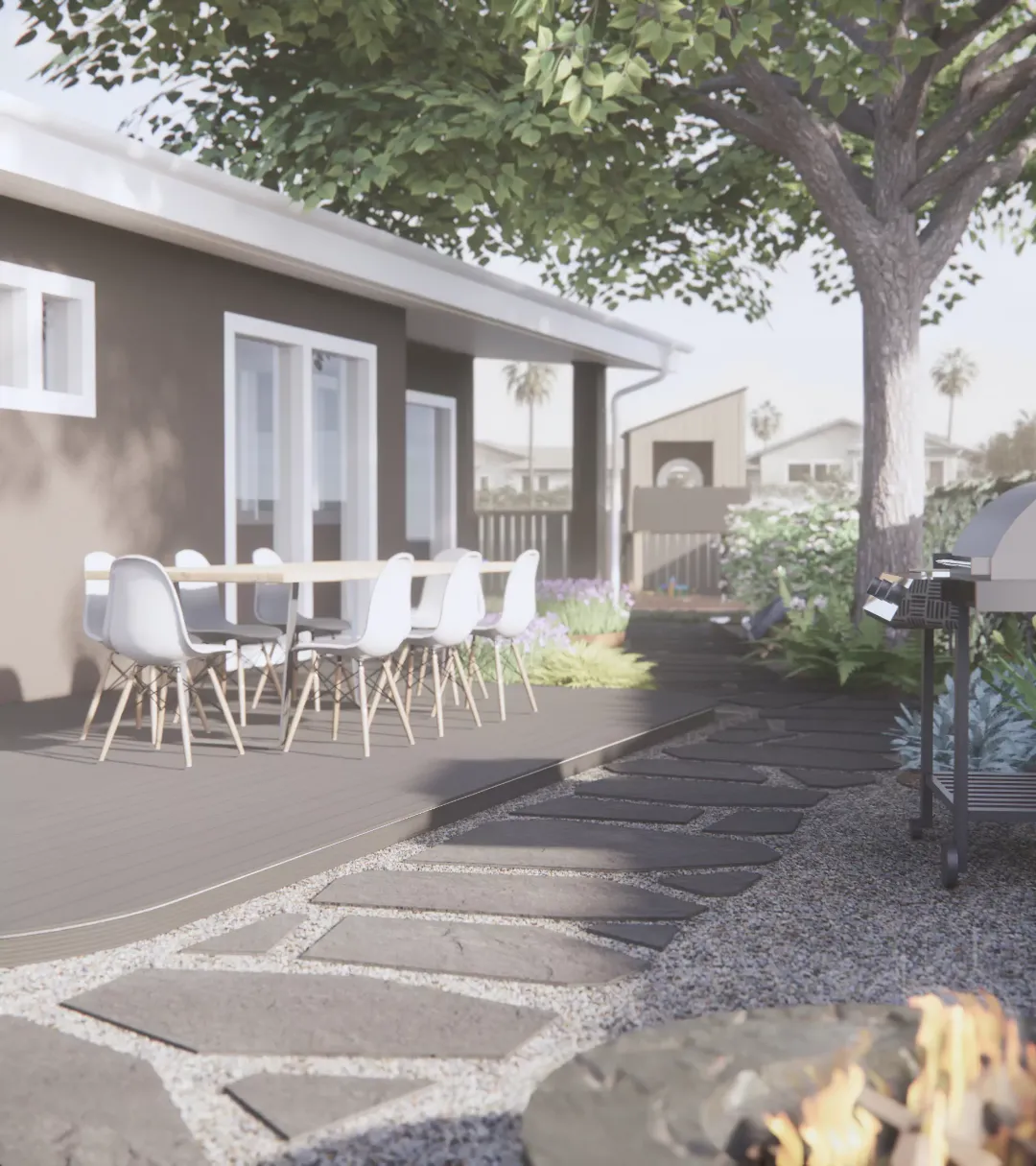 Яркий современный патио в Сан-Франциско с зоной уличной столовой и тенью от дерева