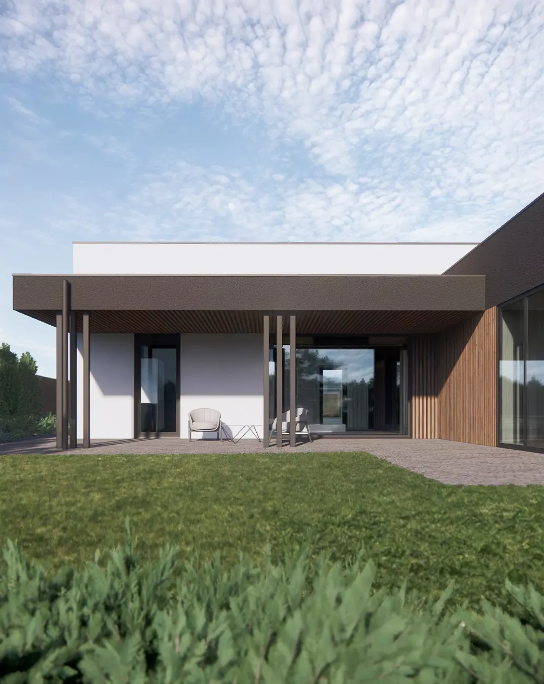 Фасад дома Семково - современная минималистичная архитектура с деревянными рейками