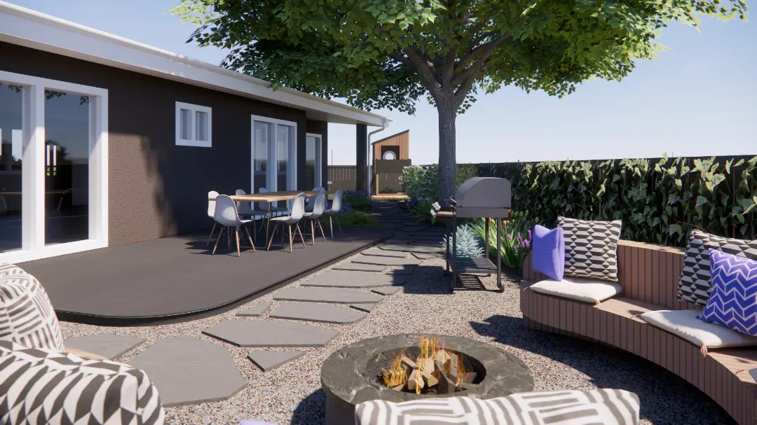 Люксовый патио с очагом и зоной отдыха в жилом саду для развлечений