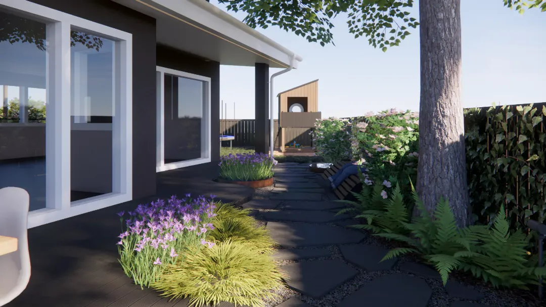 Современная жилая дорожка в саду с домом и зрелыми посадками