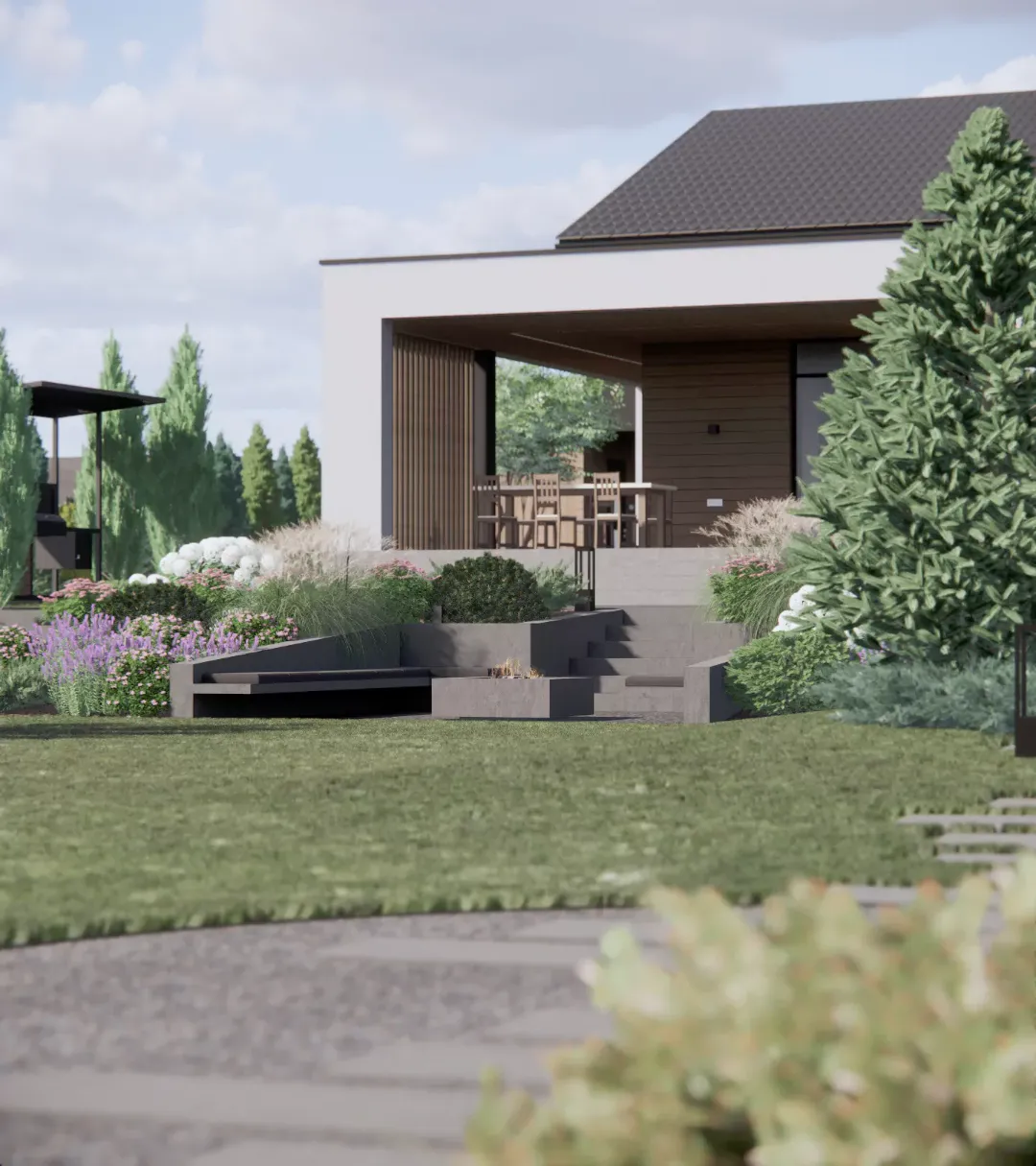 Боковой вид на дом с отдельно стоящей мангальной зоной