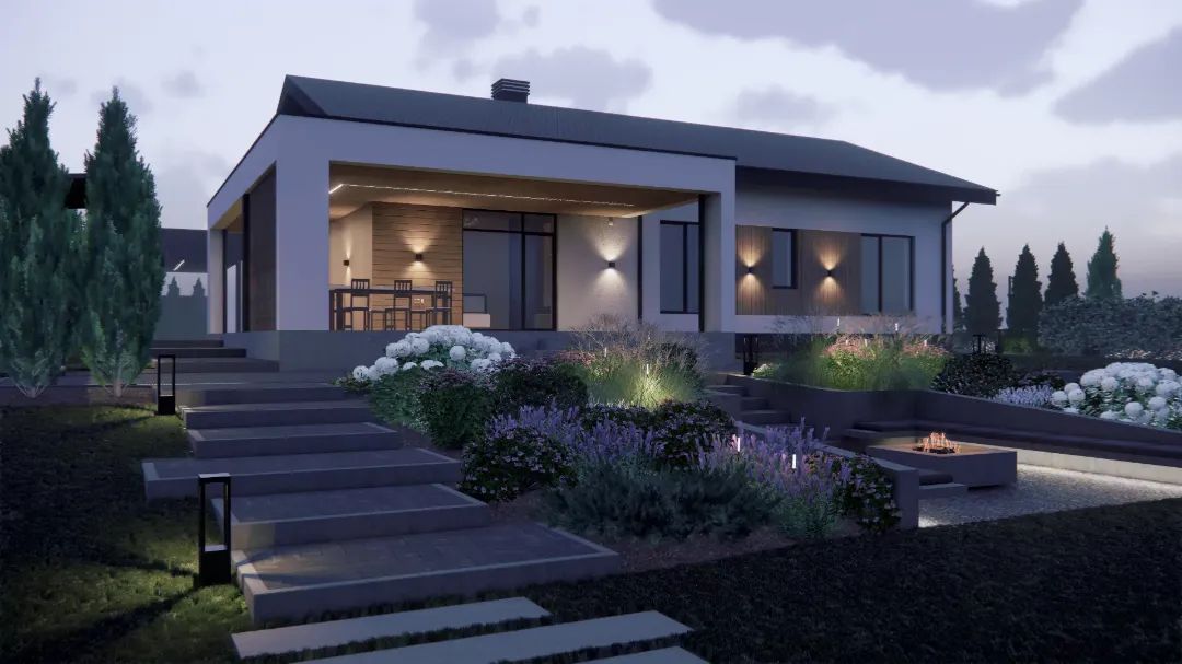 Вечерний вид на дом и костровую зону с подсветкой