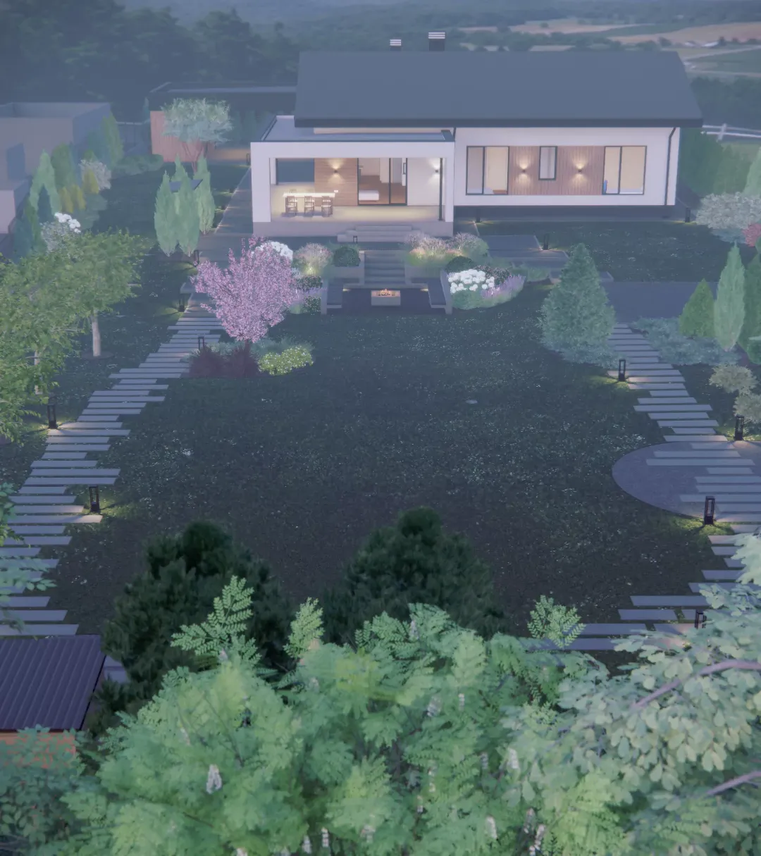 Ночной вид с высоты на загородный участок