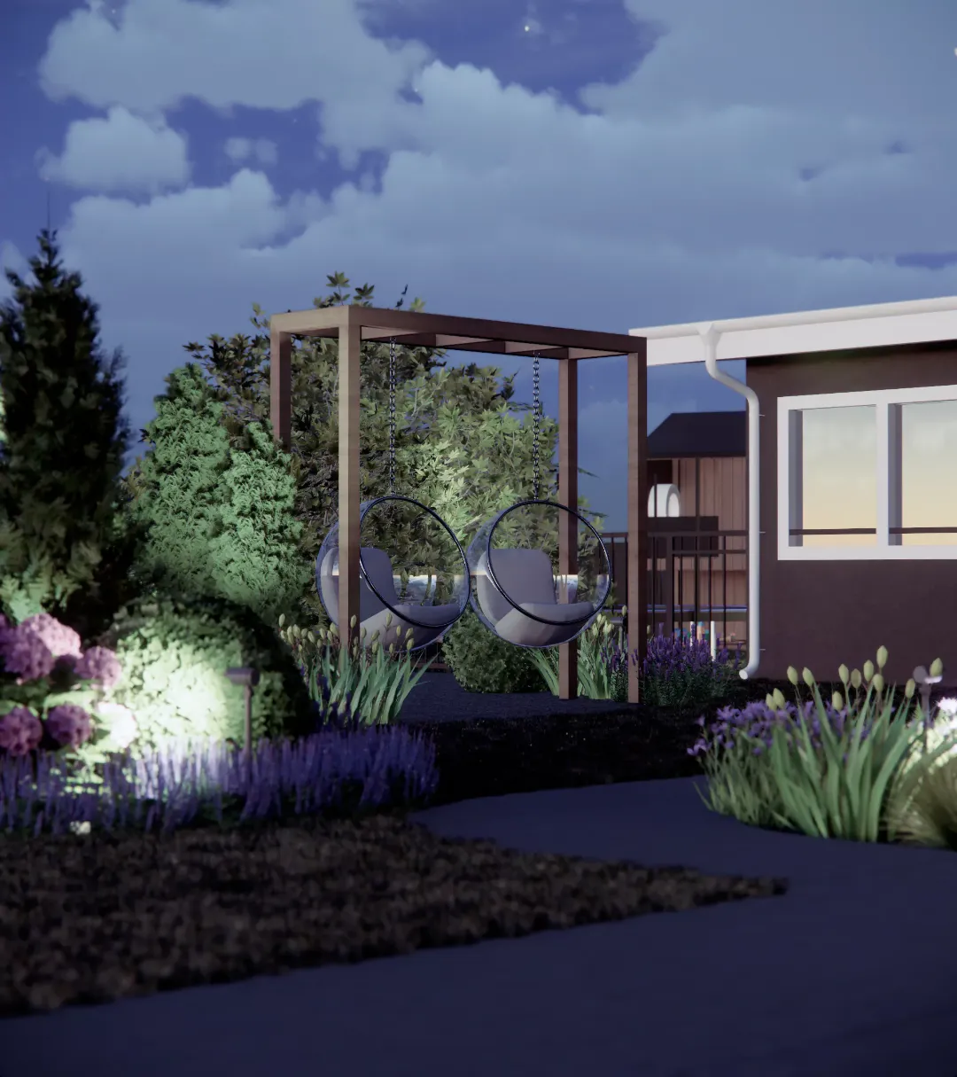 Современный дизайн сада в Сан-Франциско ночью с подвесными креслами и ландшафтной подсветкой