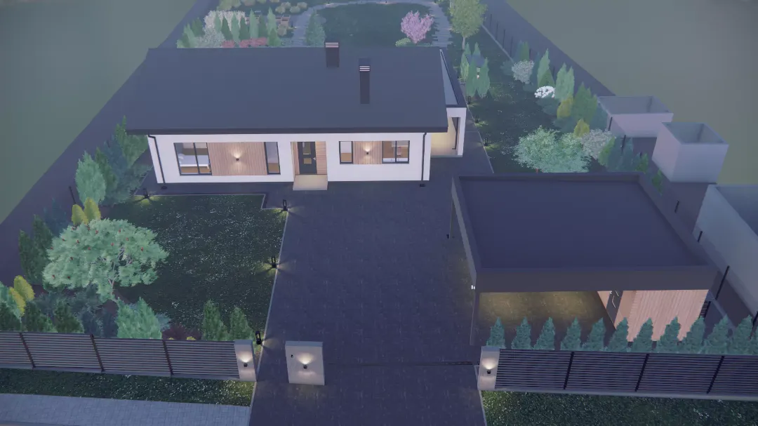 Вечерний вид с высоты на современный загородный дом с въездной группой и ландшафтным освещением