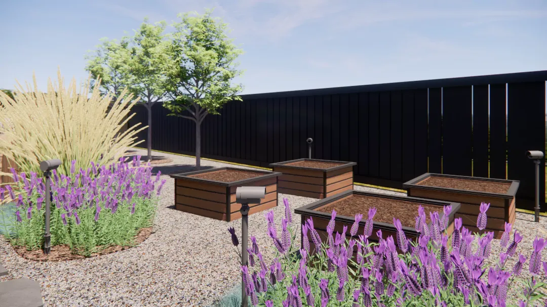 Приподнятые грядки с лавандой и декоративными травами в современном огородном дизайне