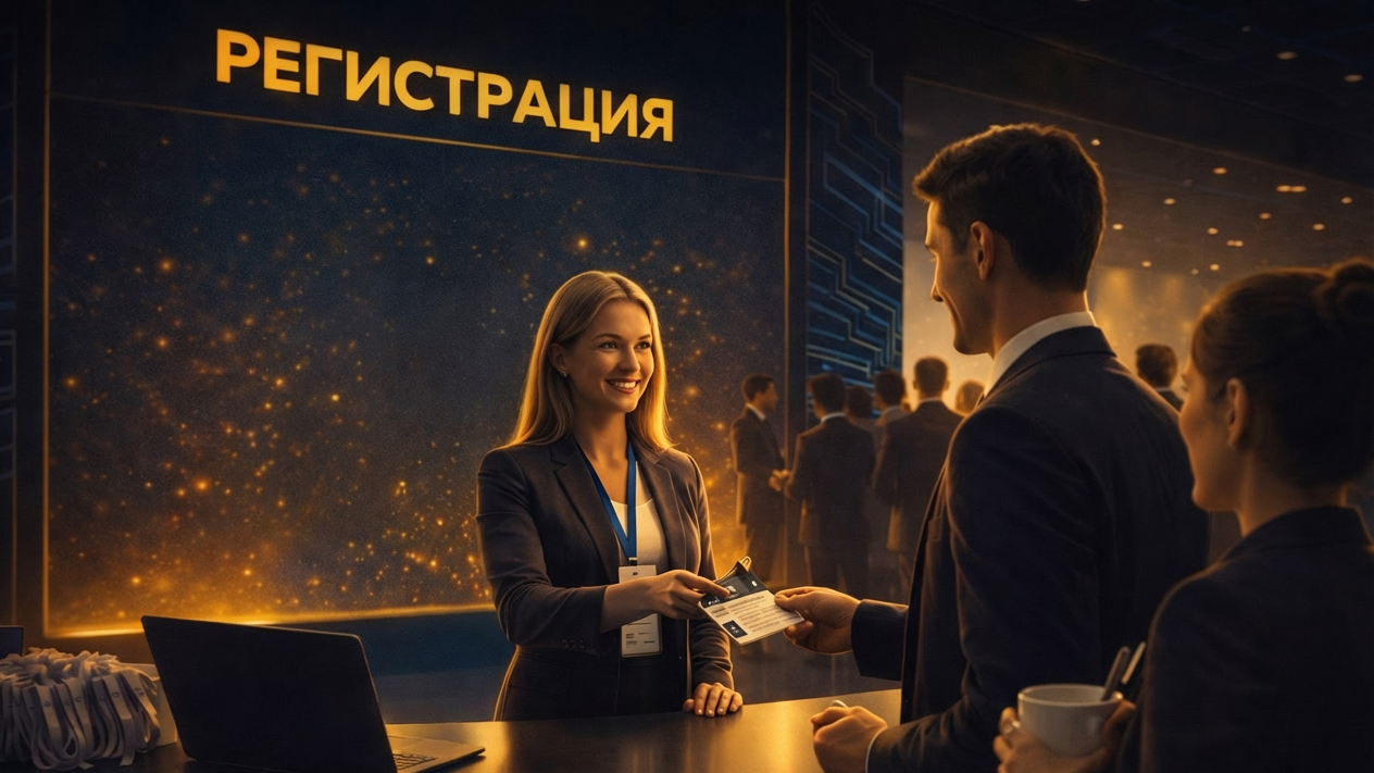 При входе вас встретят организаторы для подтверждения участия. После этого можно занять любое удобное место в зале.