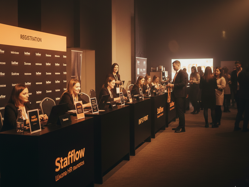 При входе вас встретят организаторы для подтверждения участия. После этого можно занять любое удобное место в зале.