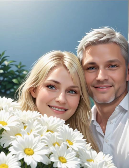 фото мужа и жены с улыбкой на лицах. Жена держит огромный букет ромашек