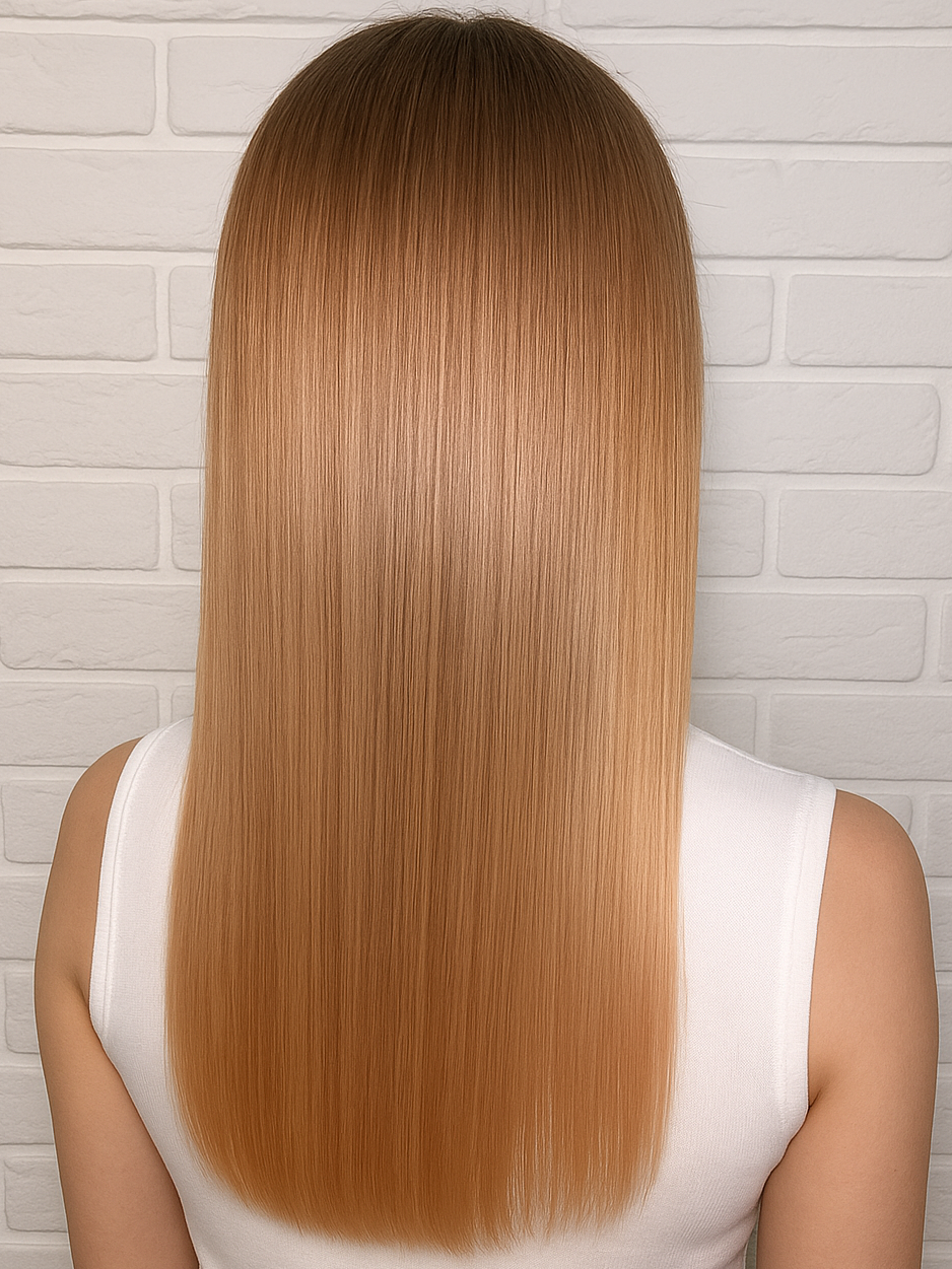 Светло-русые волосы после ботокса — гладкие, блестящие и ровные по всей длине. Результат процедуры восстановления структуры волос.