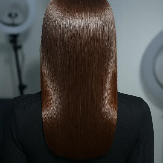 Девушки с длинными, гладкими каштановыми волосами после процедуры ботокса.