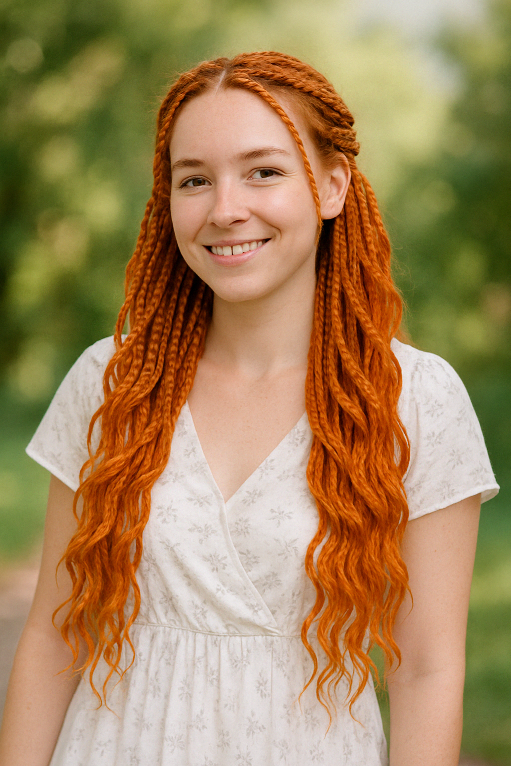 Девушка-подросток с рыжими волнистыми волосами и зи-зи-косичками на макушке